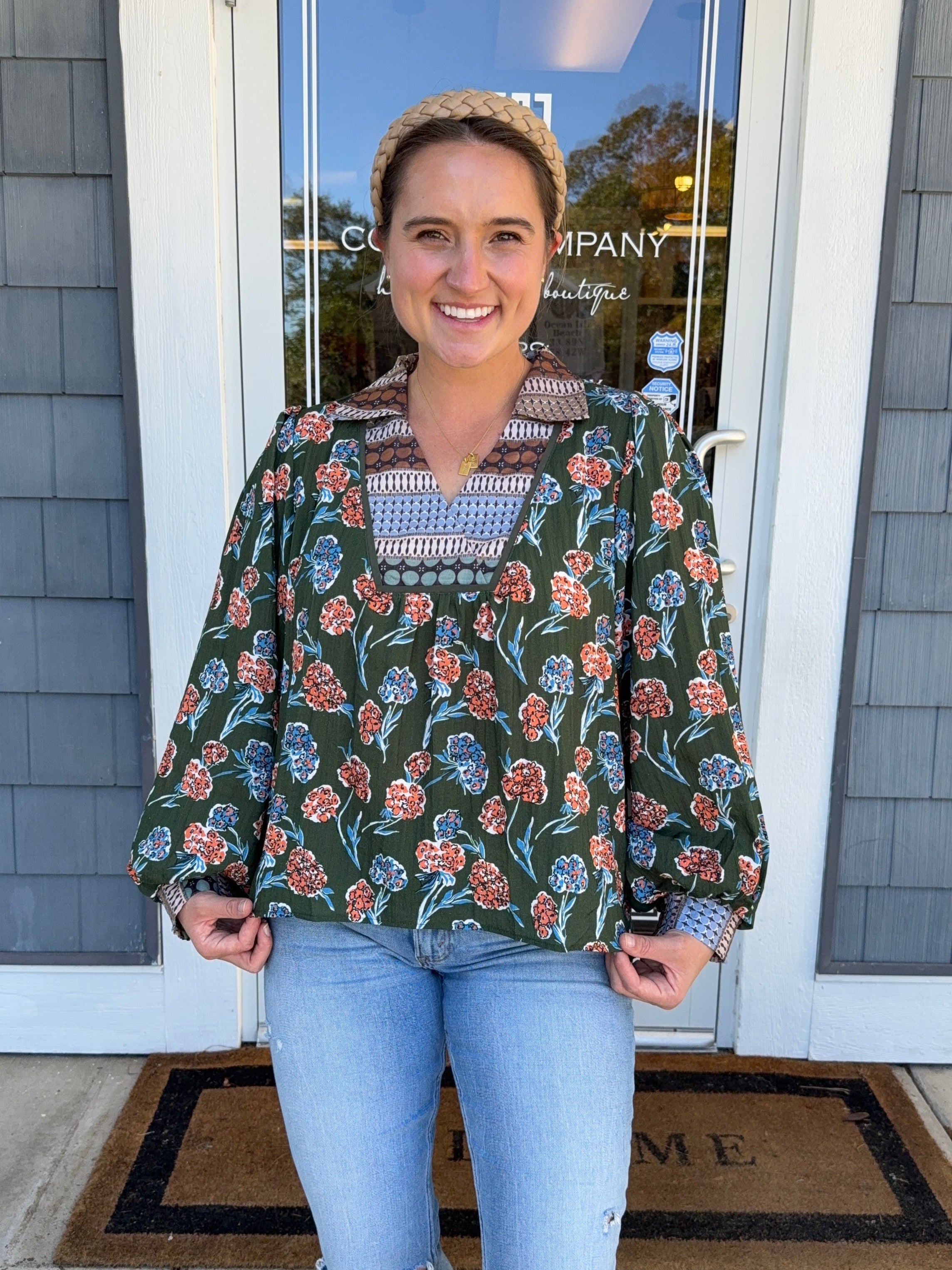 Green Floral Print Collar Blouse