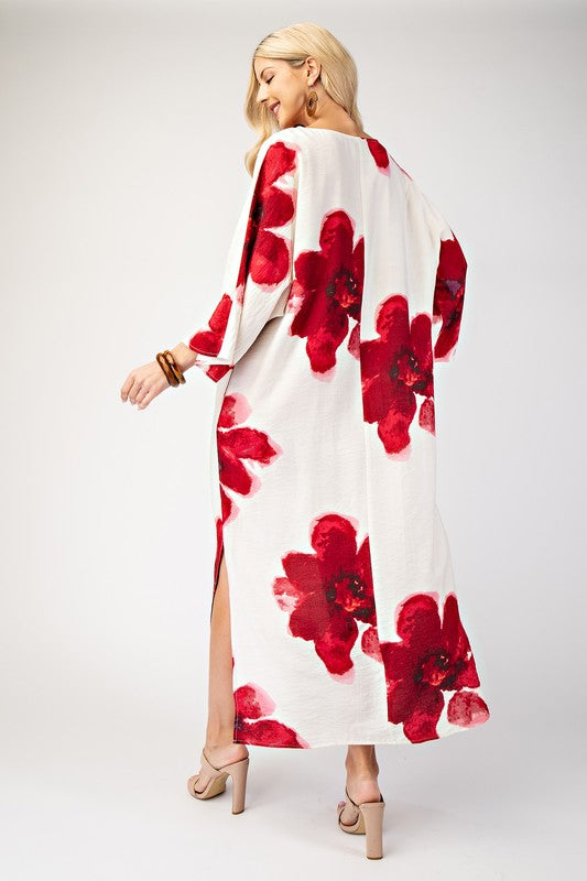 Red Flower Boat Neck Dress