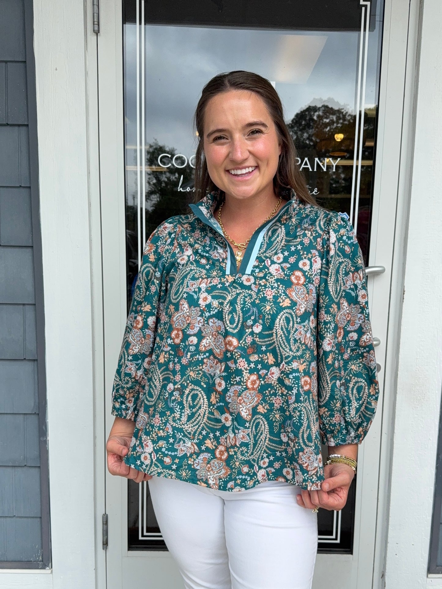Teal Mix Floral Split Neck Blouse