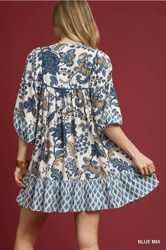 Blue Mixed Print Mini Dress