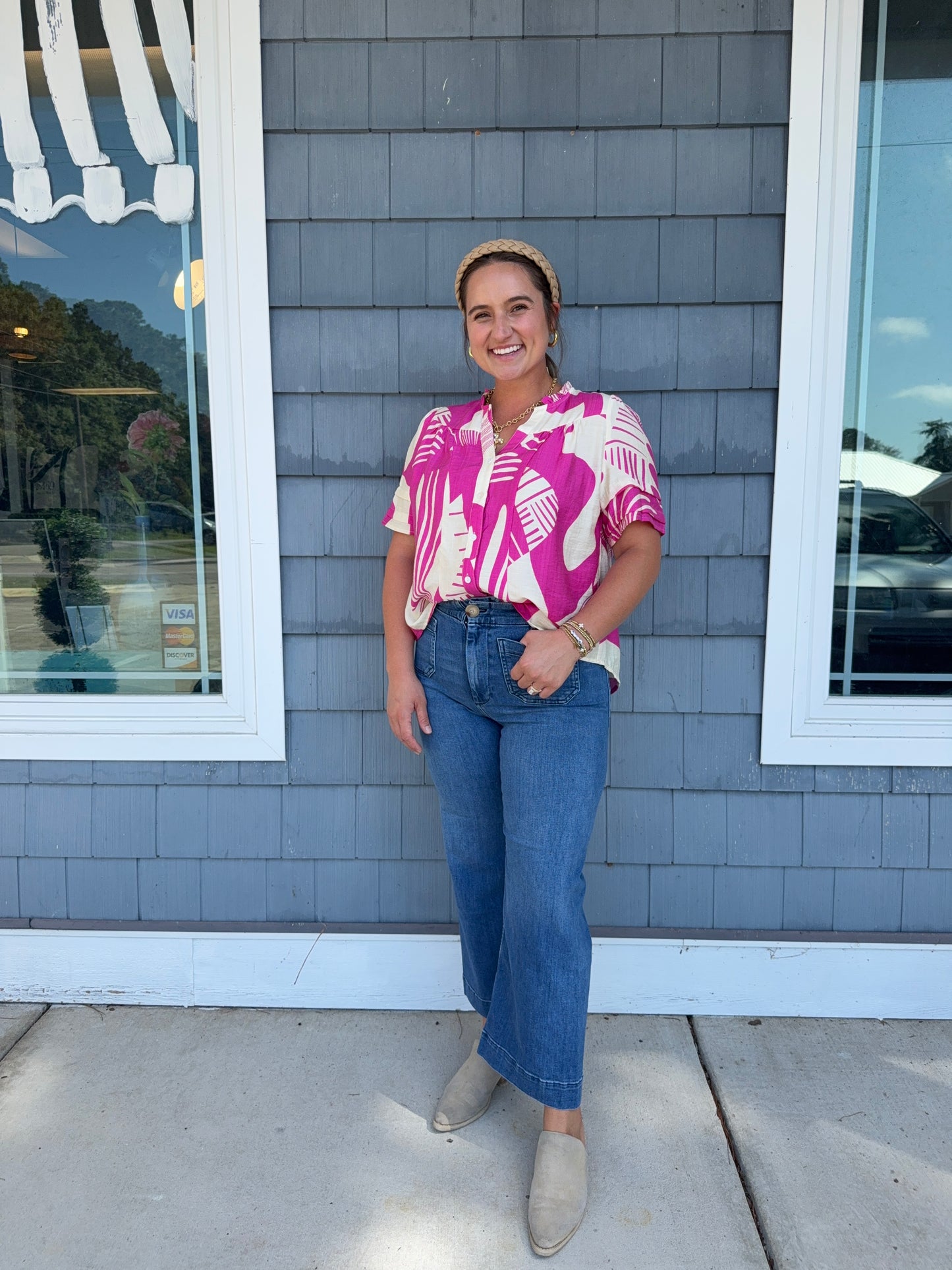 Fuchsia Abstract Mix Button Down Blouse