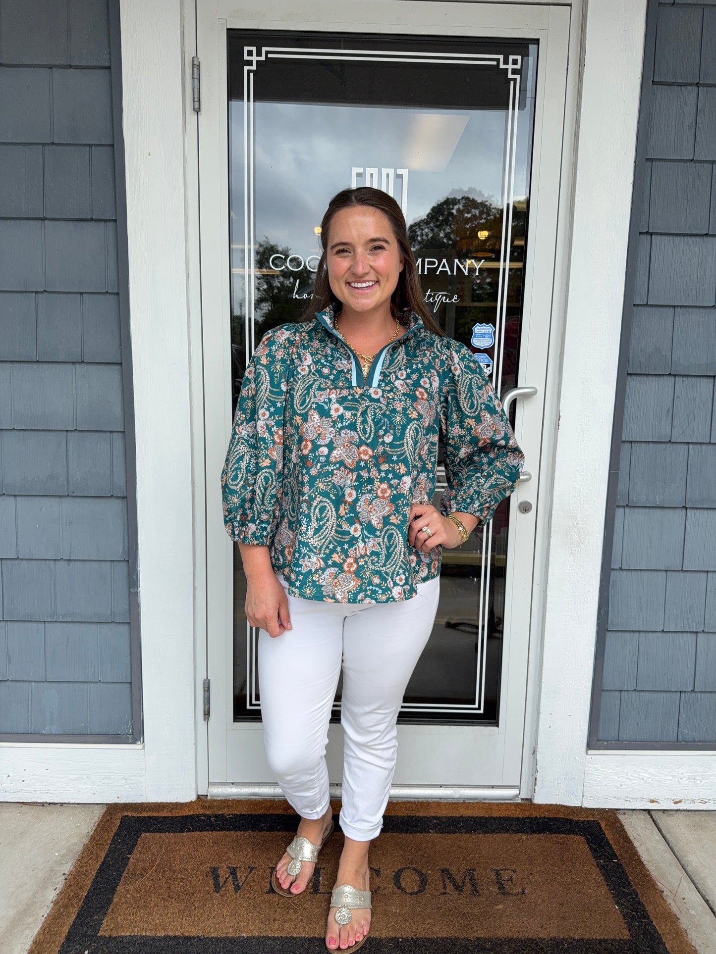 Teal Mix Floral Split Neck Blouse