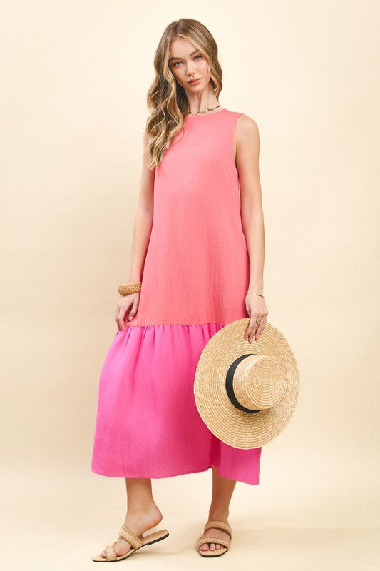 Pink Dropped Waist Color Block Midi Dress