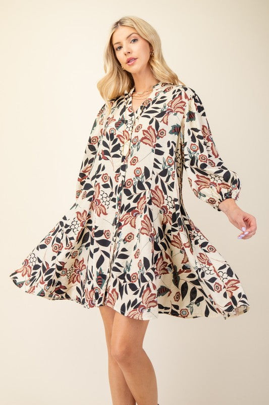 Floral Burgundy Printed 3/4 Sleeve Dress