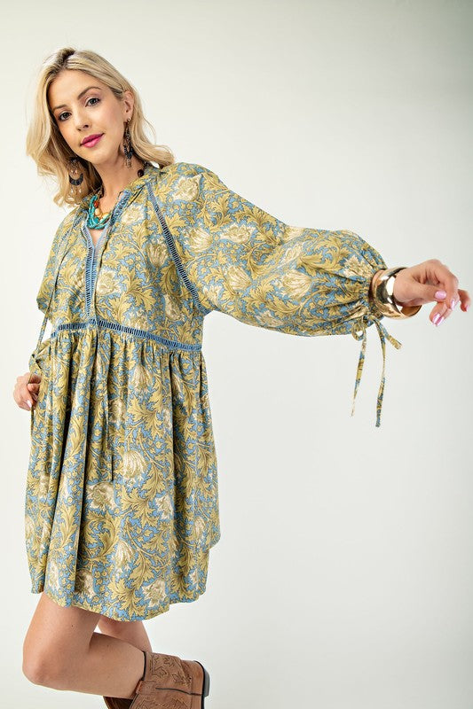 Blue Printed Babydoll Dress