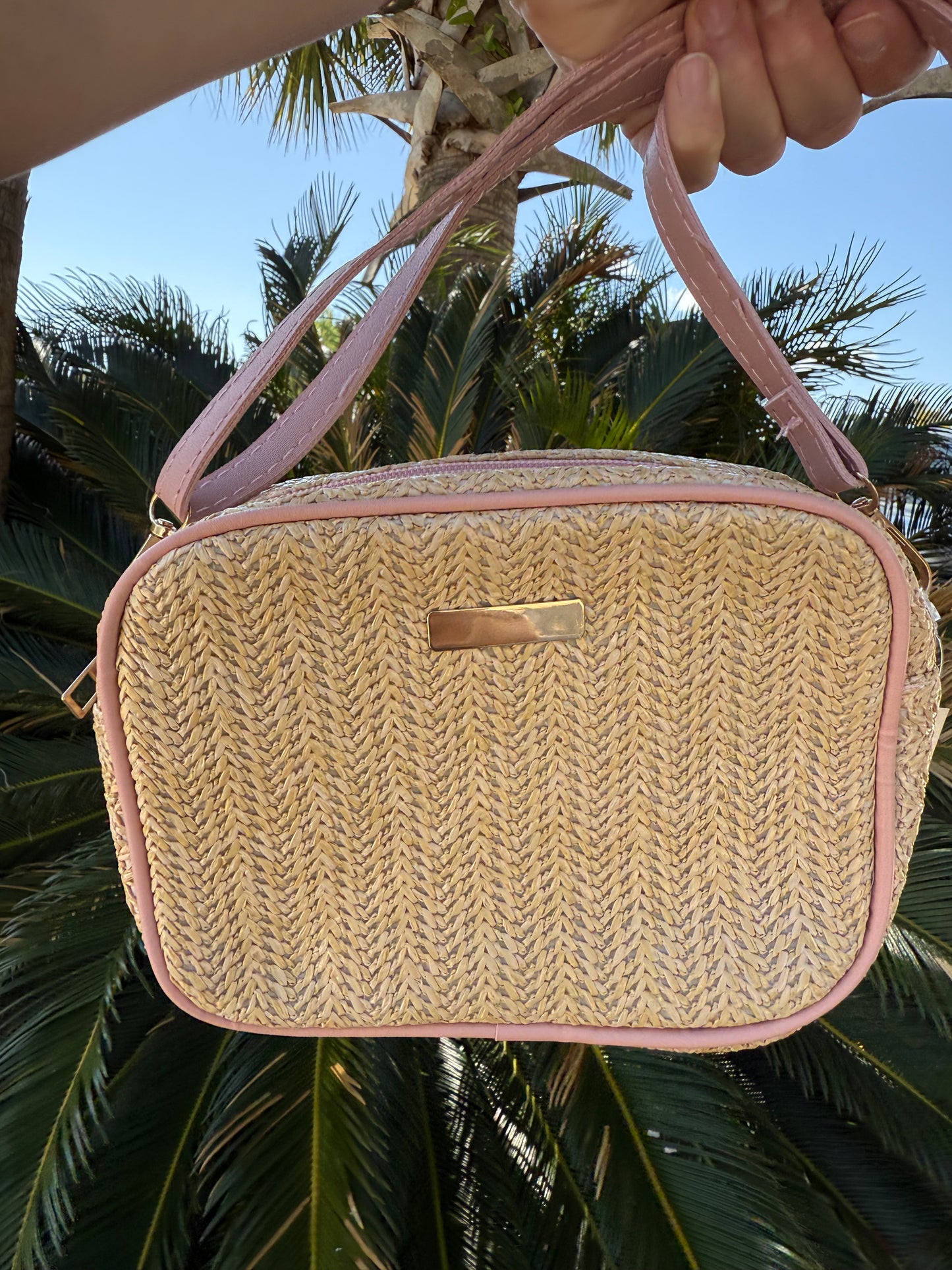Woven Straw Crossbody- Pink