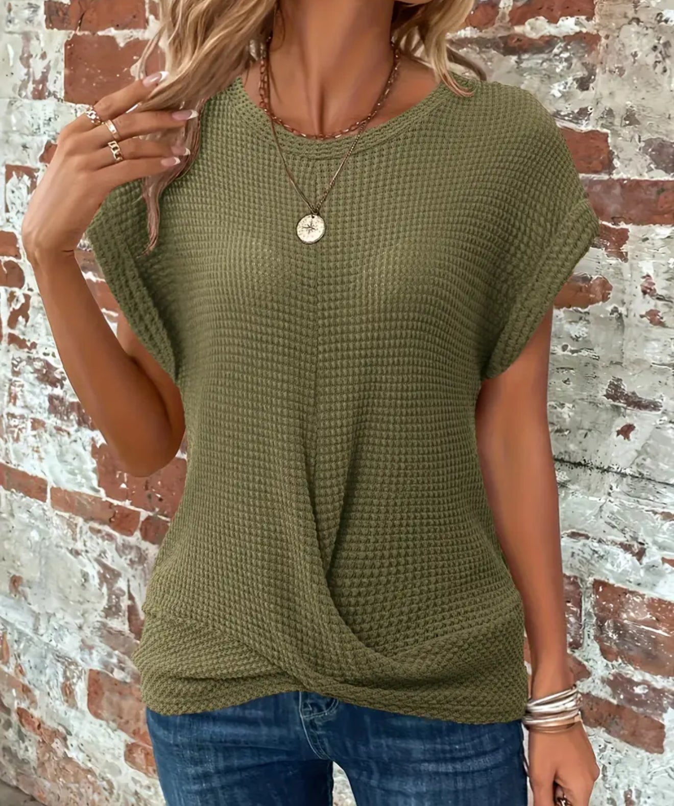Olive Green Waffle Knit SS Crossover Top