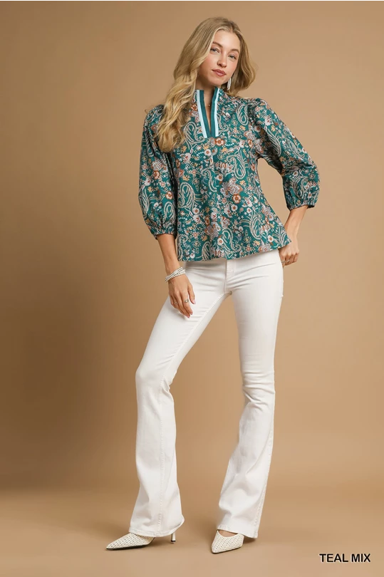 Teal Mix Floral Split Neck Blouse