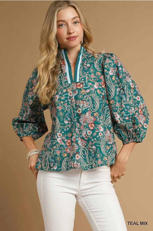 Teal Mix Floral Split Neck Blouse