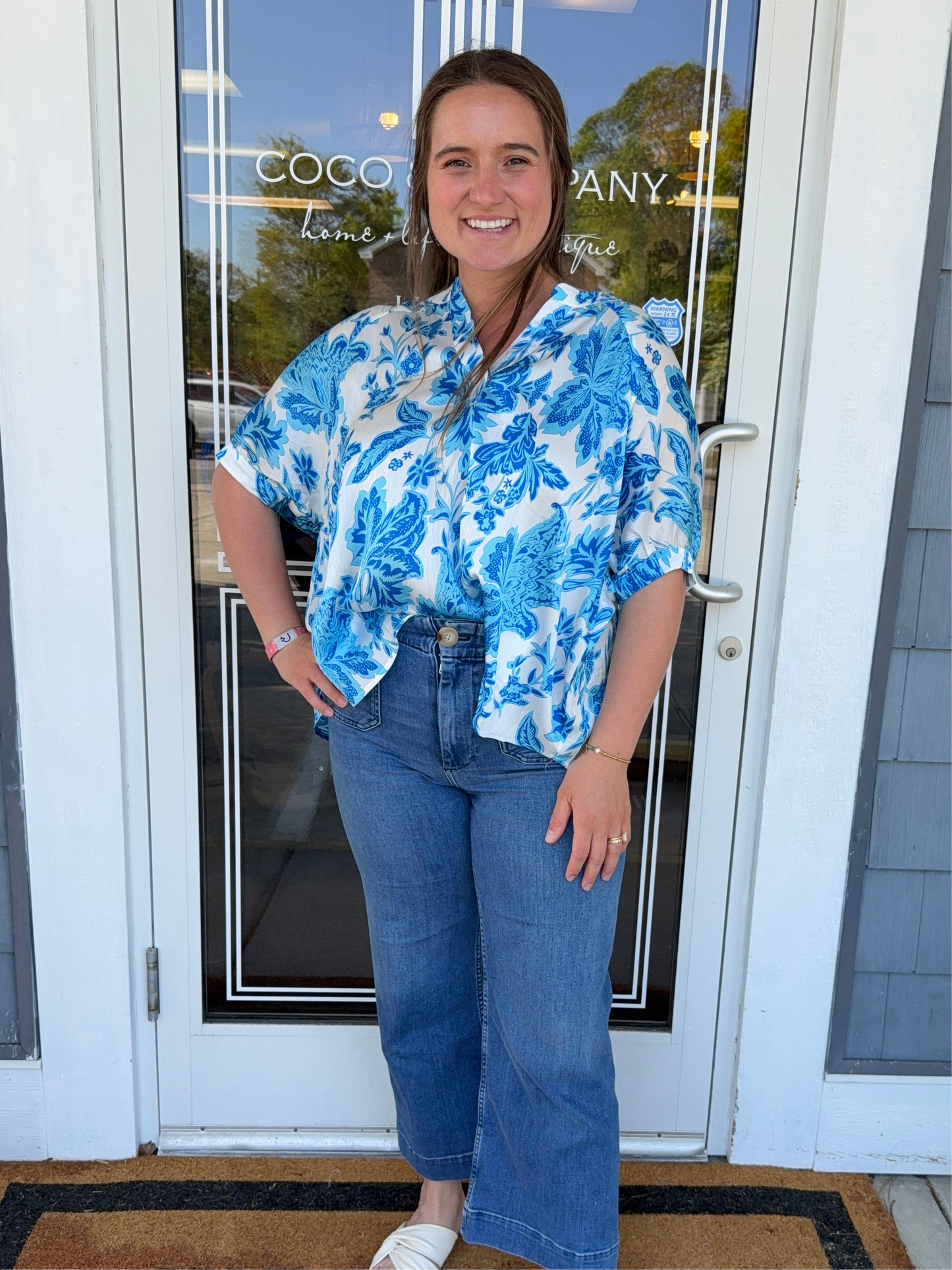 Blue Flower Print Dolman Sleeve Top