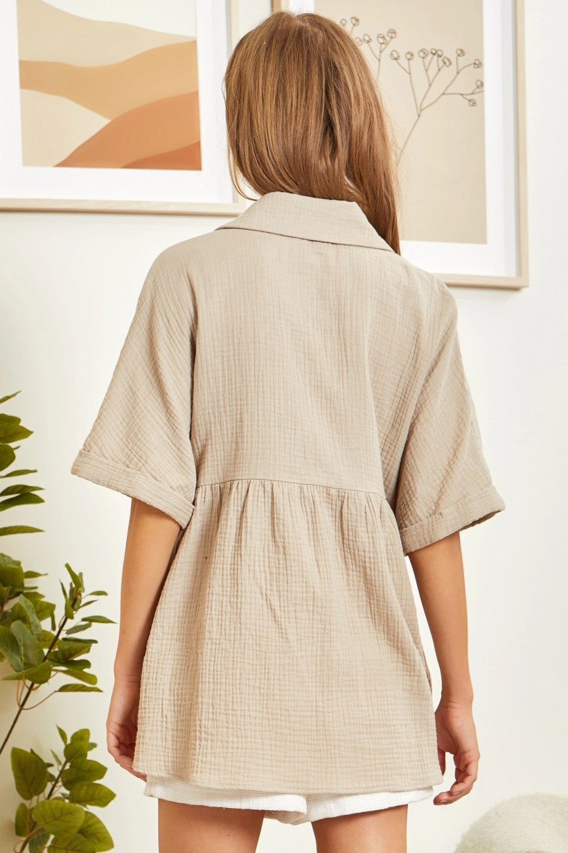Taupe Cotton Button Up