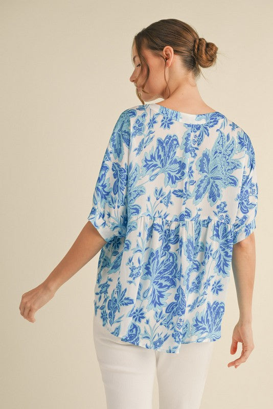Blue Flower Print Dolman Sleeve Top
