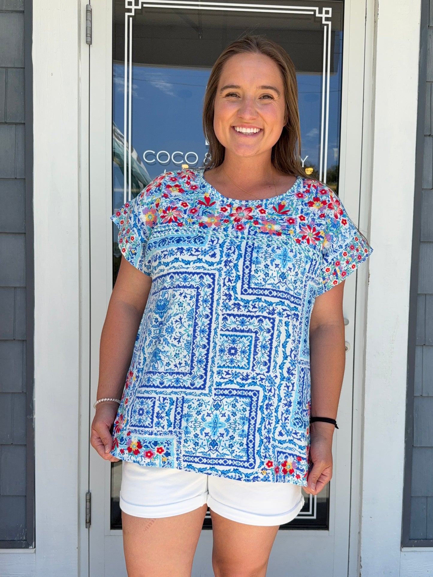Blue Floral Embroidery Top