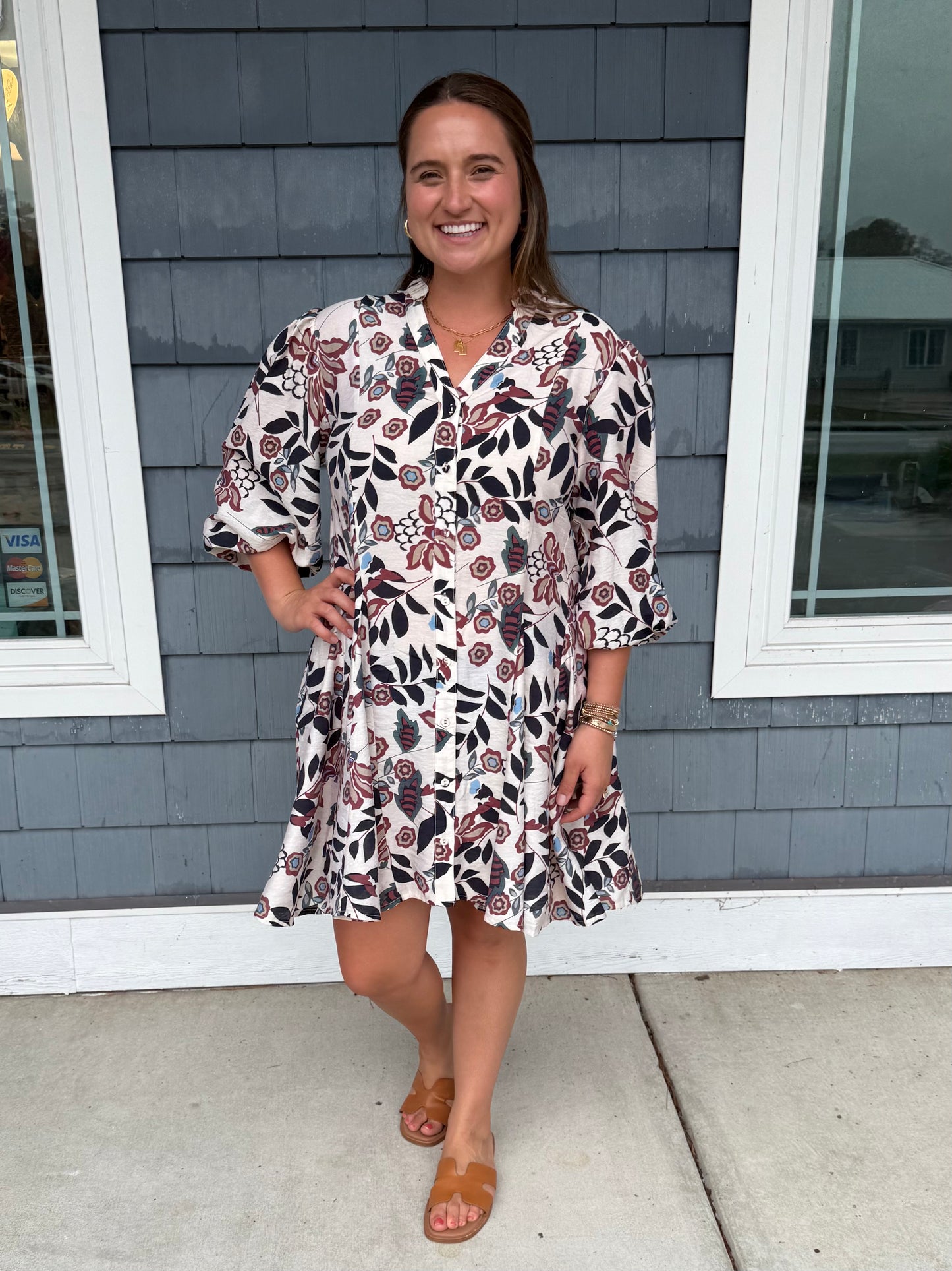 Floral Burgundy Printed 3/4 Sleeve Dress