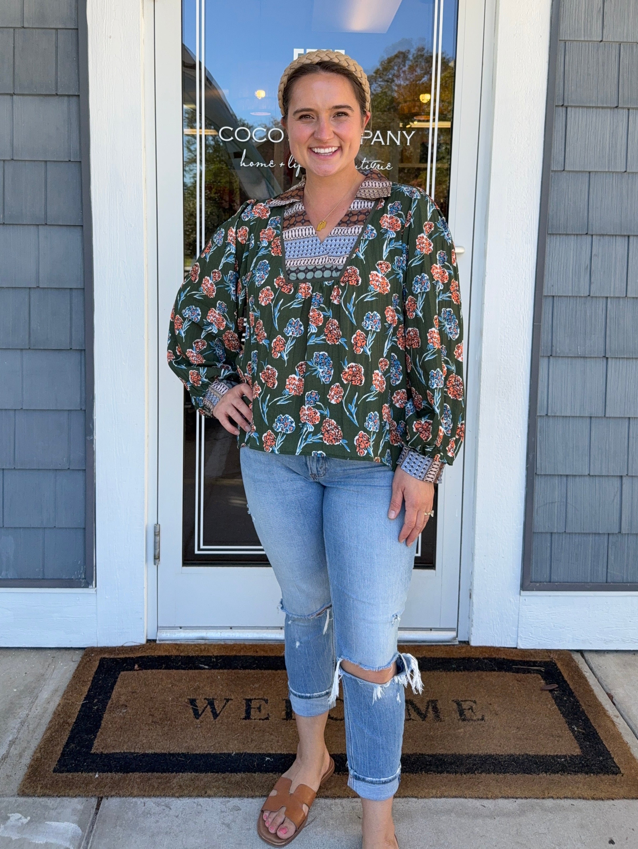 Green Floral Print Collar Blouse