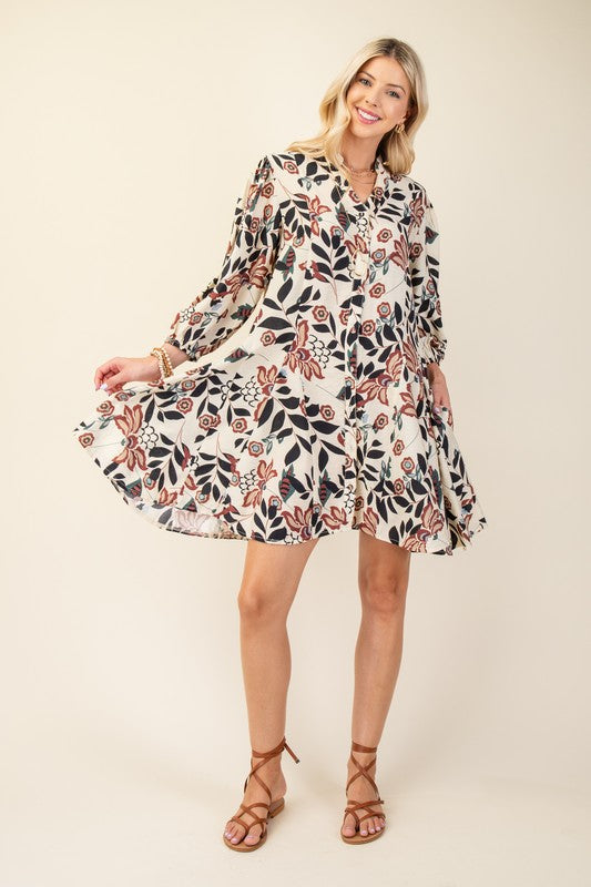 Floral Burgundy Printed 3/4 Sleeve Dress