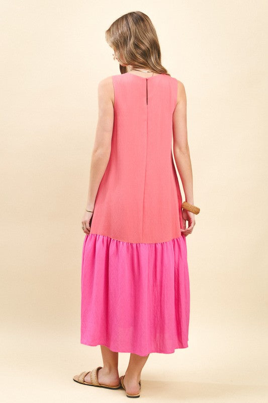 Pink Dropped Waist Color Block Midi Dress