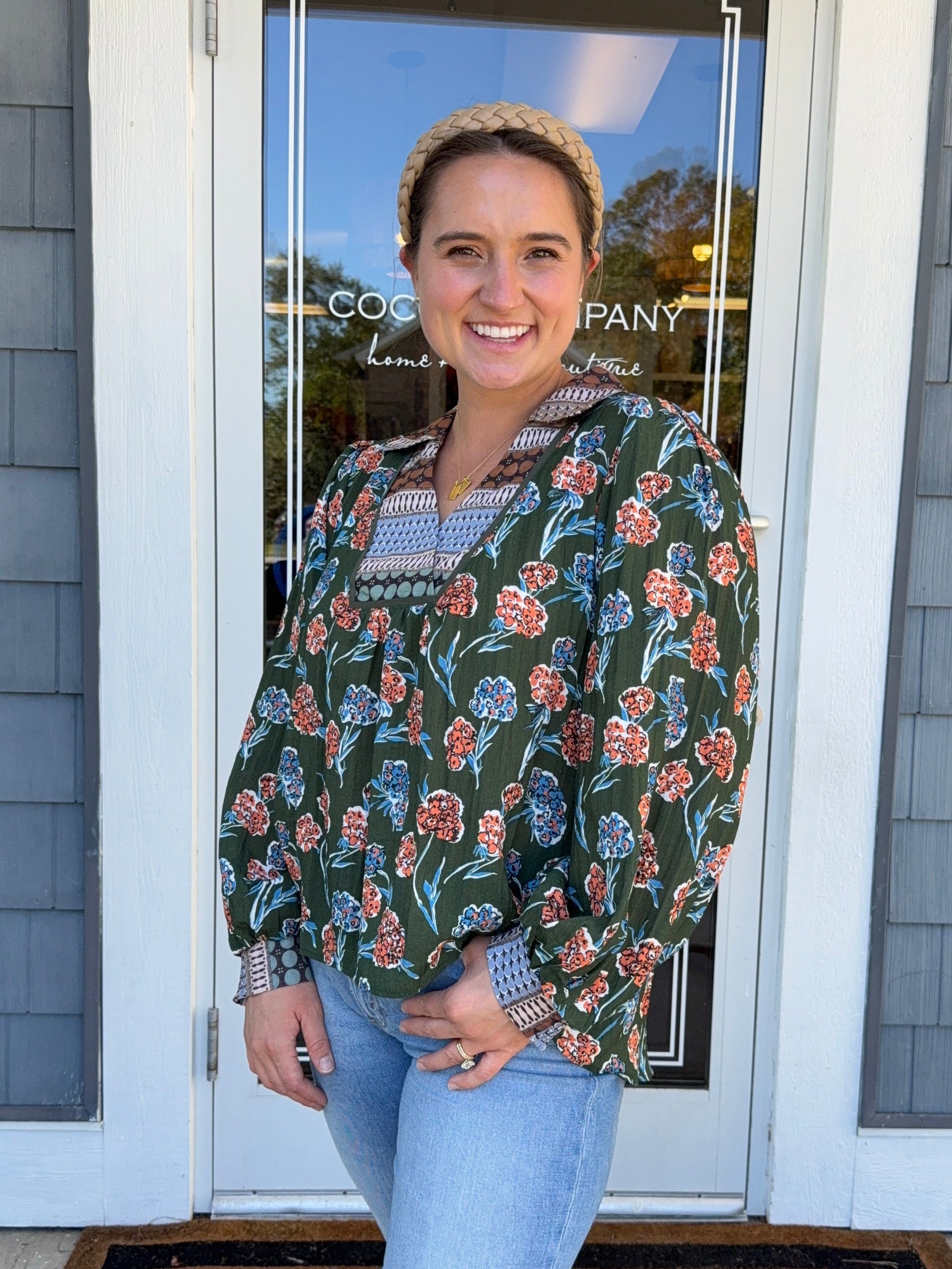 Green Floral Print Collar Blouse