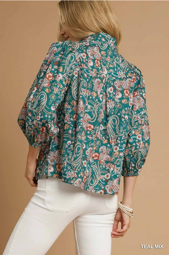 Teal Mix Floral Split Neck Blouse