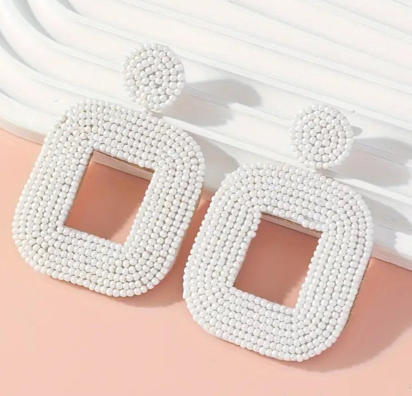 Handmade Woven Square Beaded Earrings- White