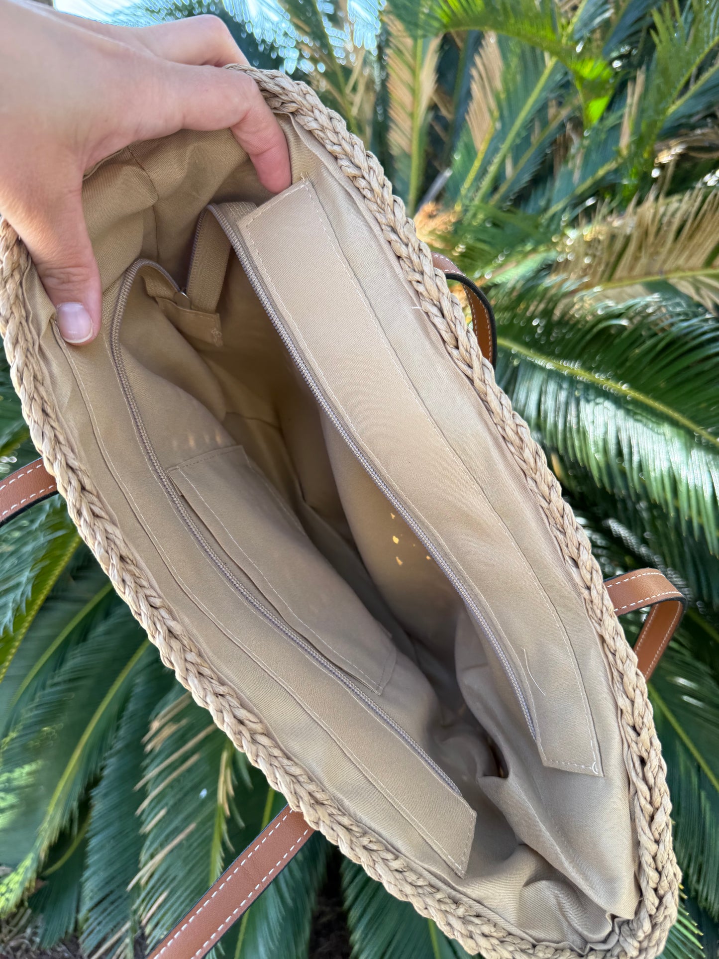 Large Braided Straw Tote Bag Dark