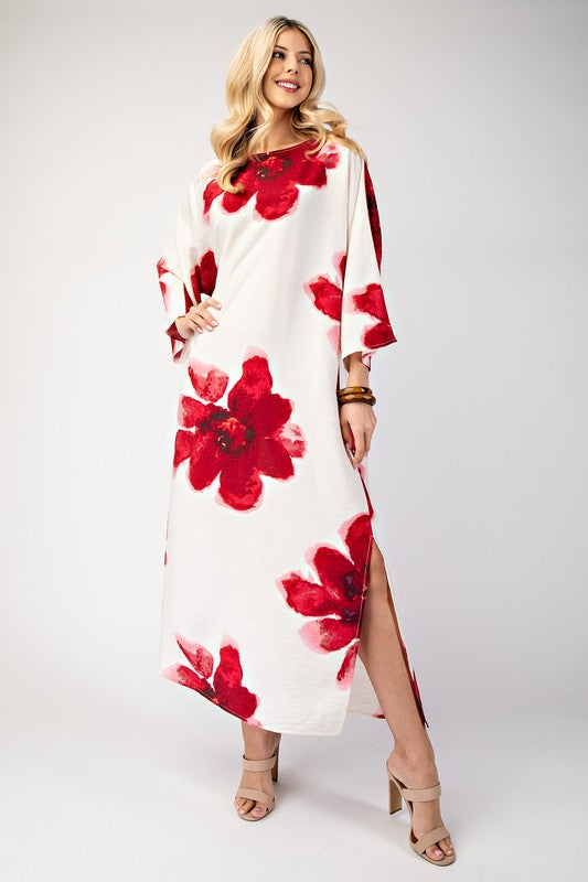 Red Flower Boat Neck Dress
