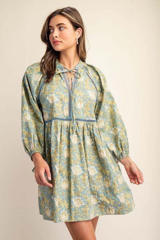 Blue Printed Babydoll Dress