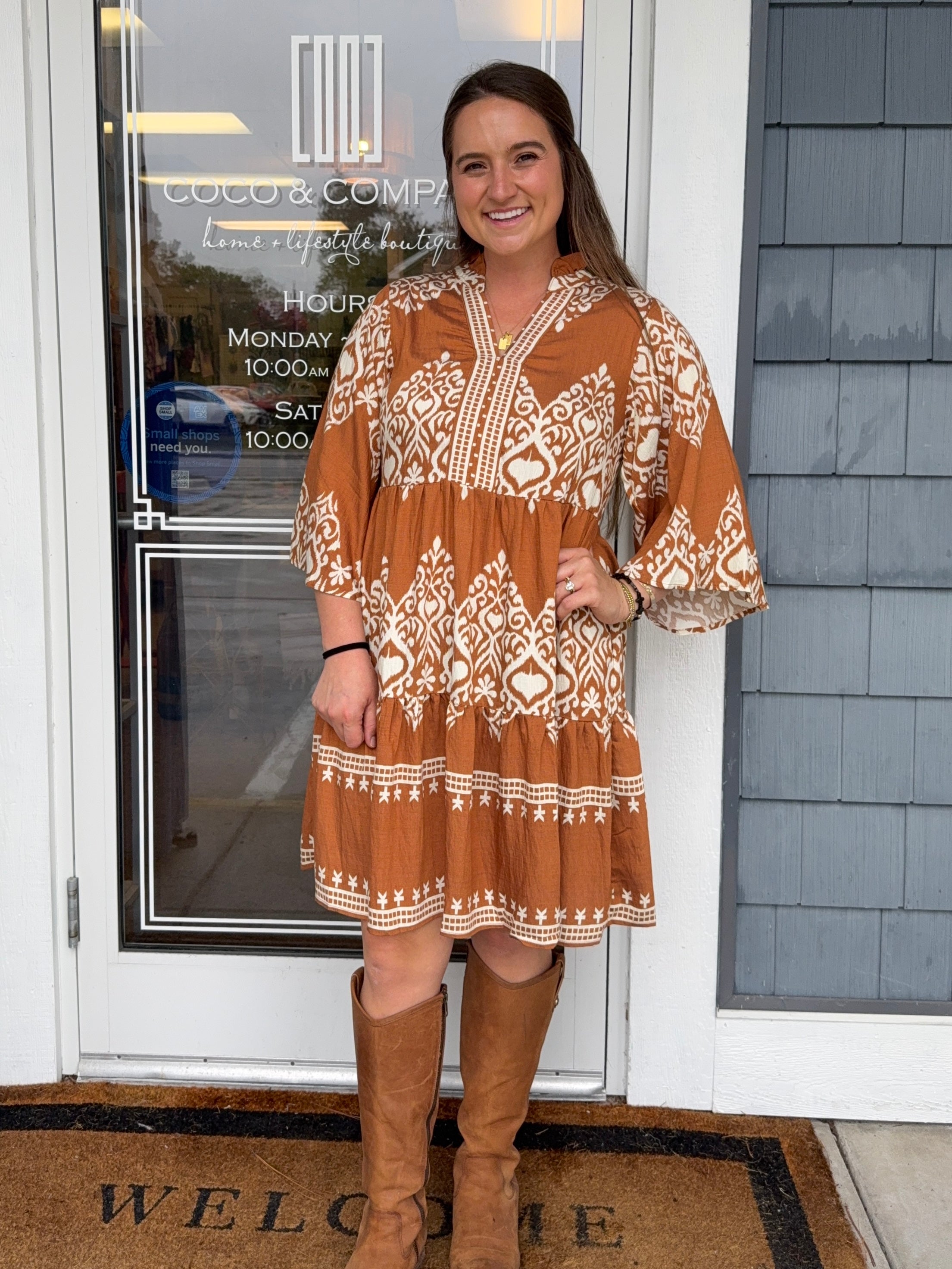 Camel Printed Tiered Dress