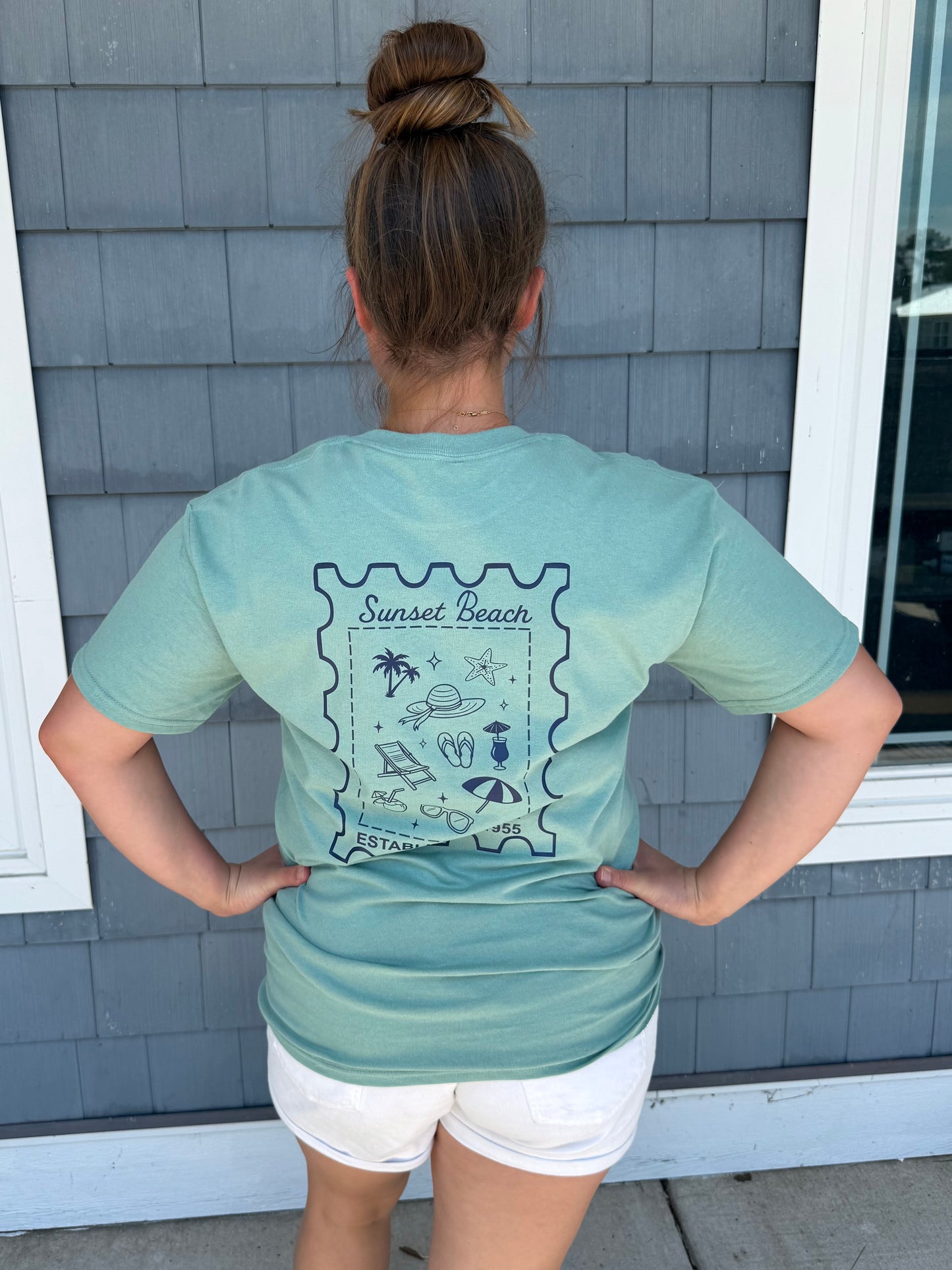 Custom Sunset Beach Stamp T-shirt- Multiple Colors