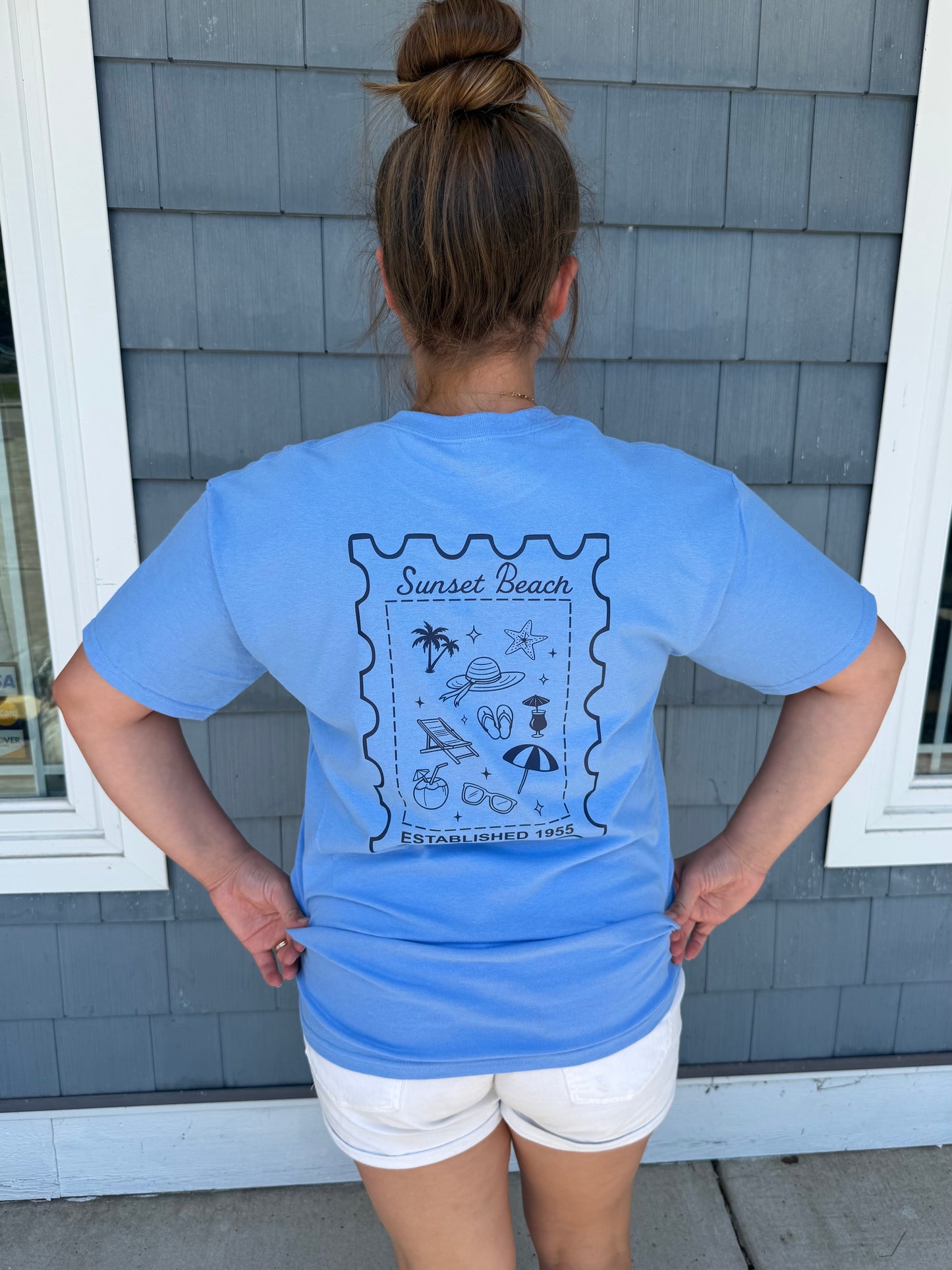 Custom Sunset Beach Stamp T-shirt- Multiple Colors
