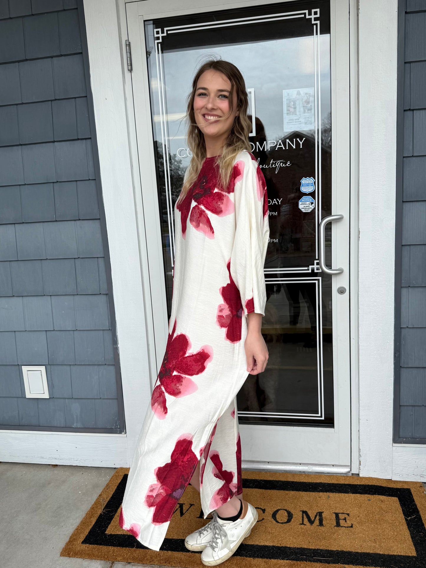 Red Flower Boat Neck Dress