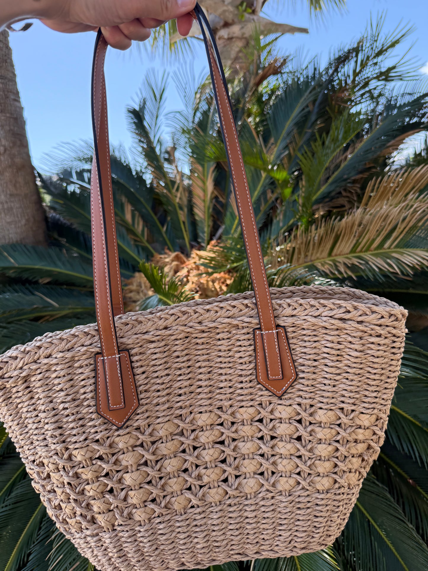 Large Braided Straw Tote Bag Dark