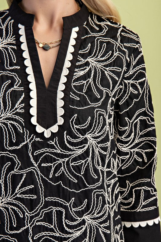 Black Embroidered Notch Neck Dress