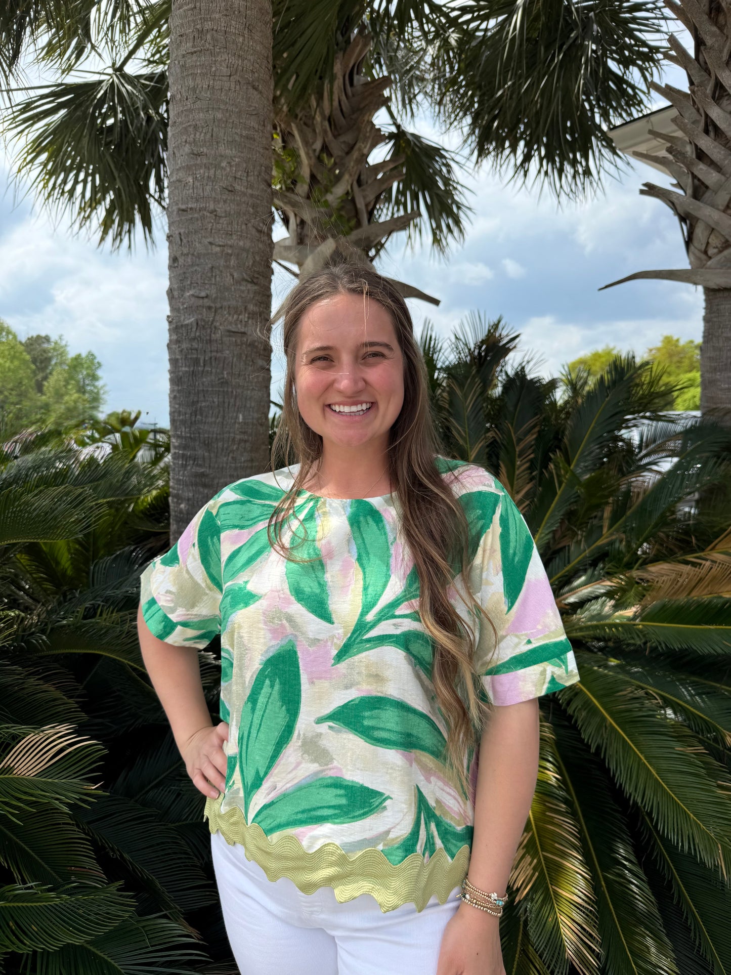 Leaf Print Short Sleeve Top
