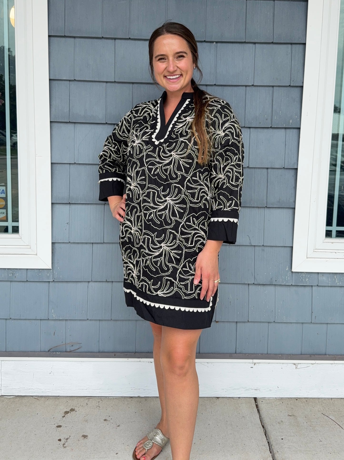 Black Embroidered Notch Neck Dress