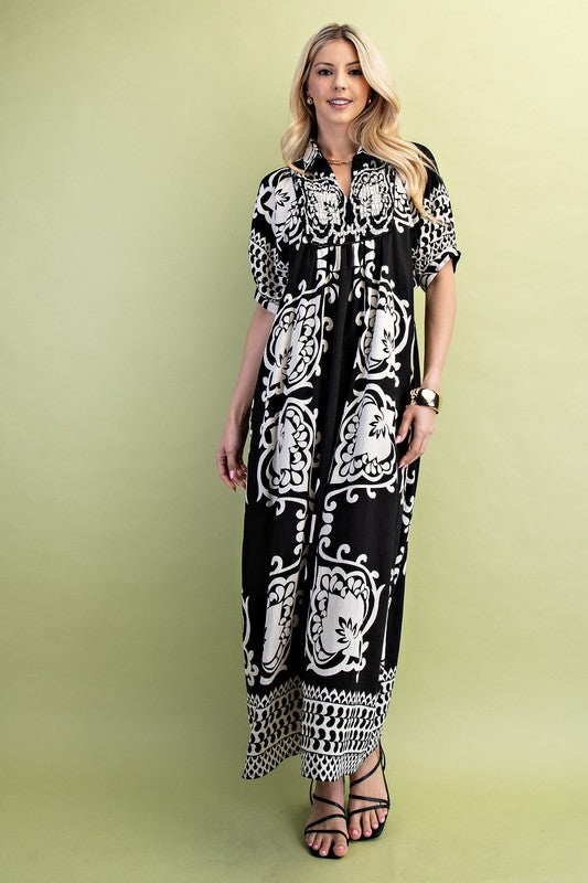 Black Print Short Puff Sleeve MIDI Dress