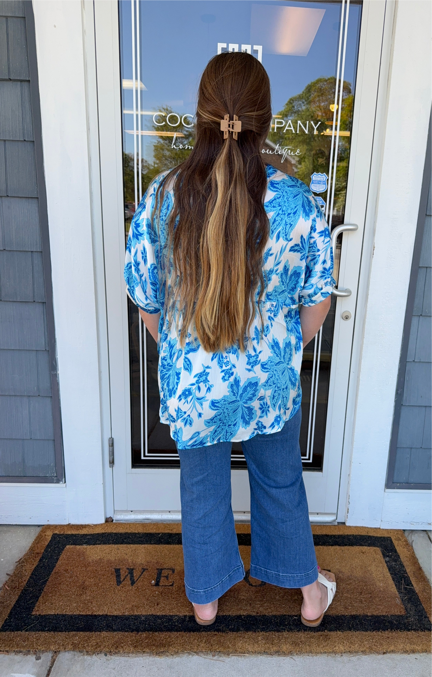 Blue Flower Print Dolman Sleeve Top