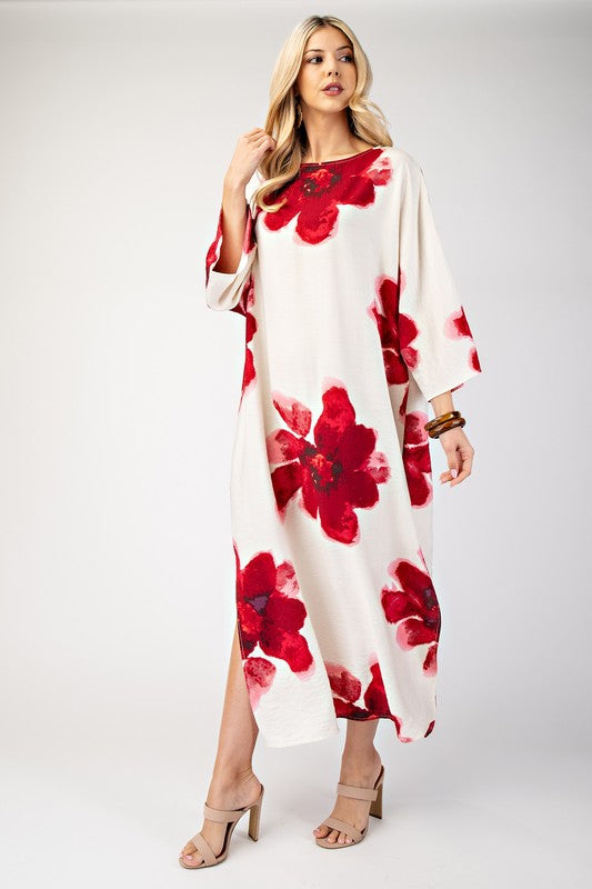 Red Flower Boat Neck Dress