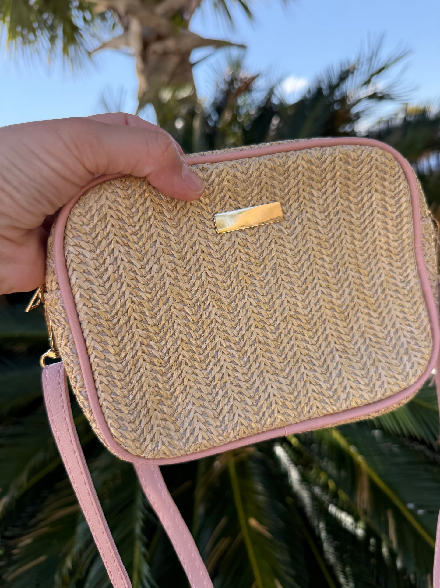 Woven Straw Crossbody- Pink