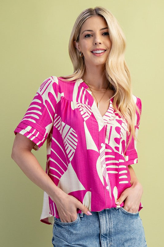 Fuchsia Abstract Mix Button Down Blouse