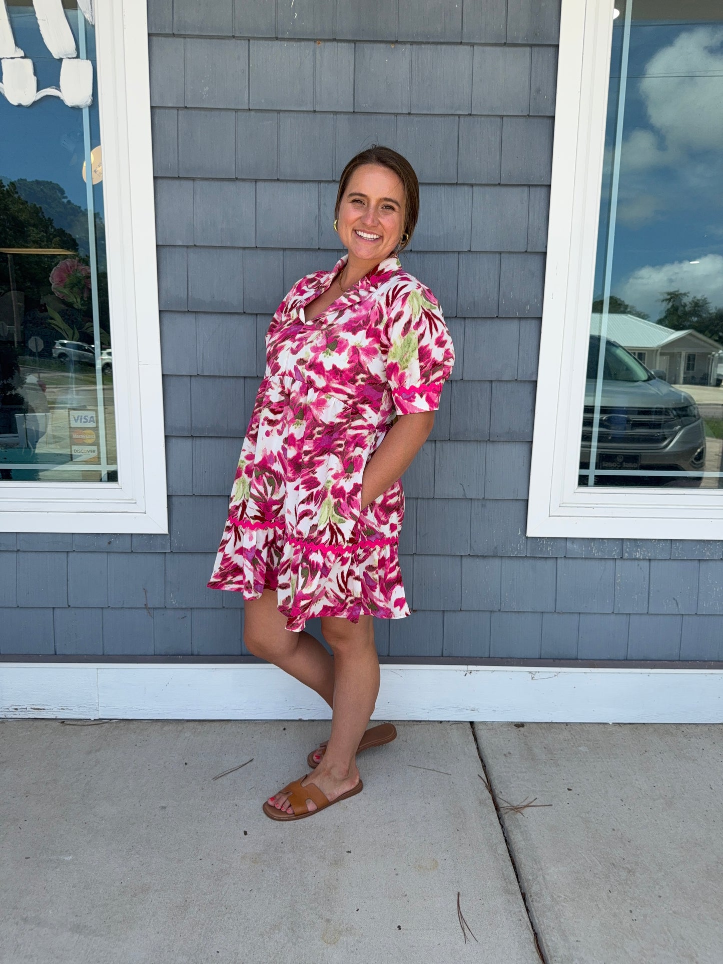 Fuchsia Floral Notched Collared Dress