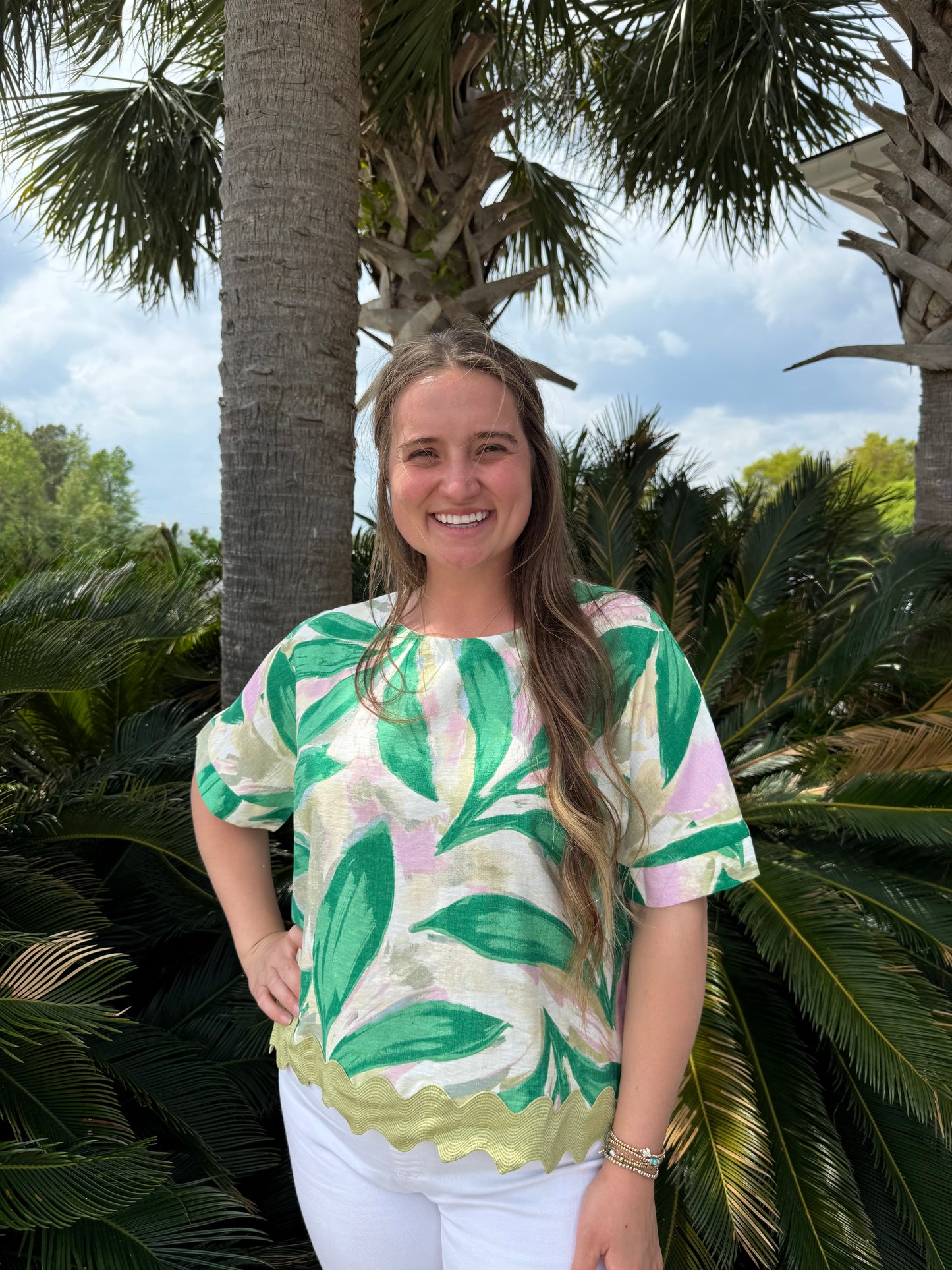 Leaf Print Short Sleeve Top
