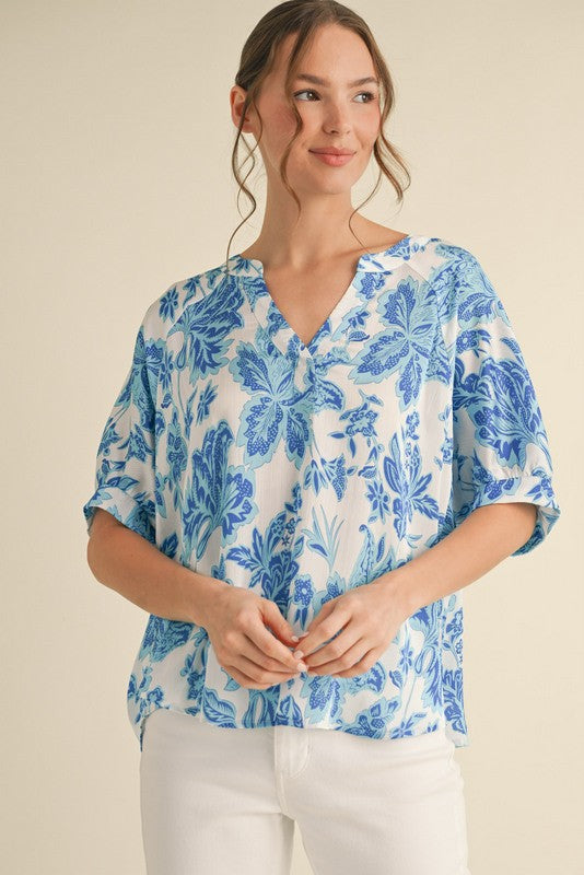 Blue Flower Print Dolman Sleeve Top