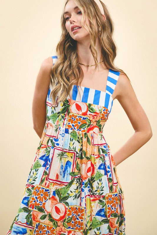 Multicolor Fruit Print Midi Dress