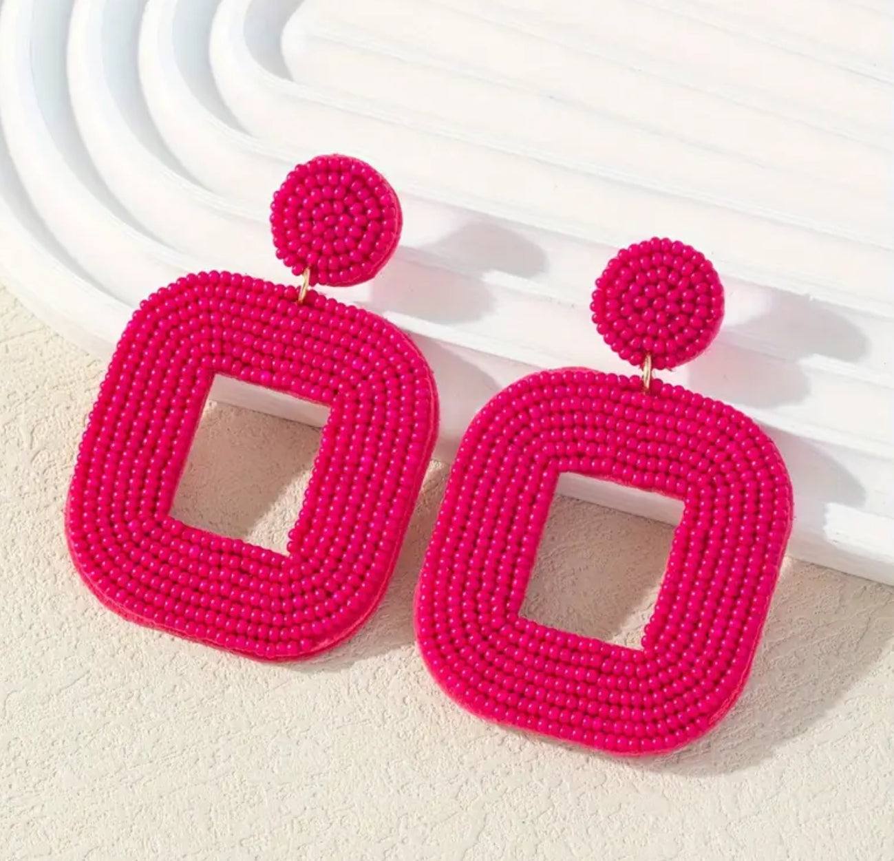 Handmade Woven Square Beaded Earrings- Dark Pink