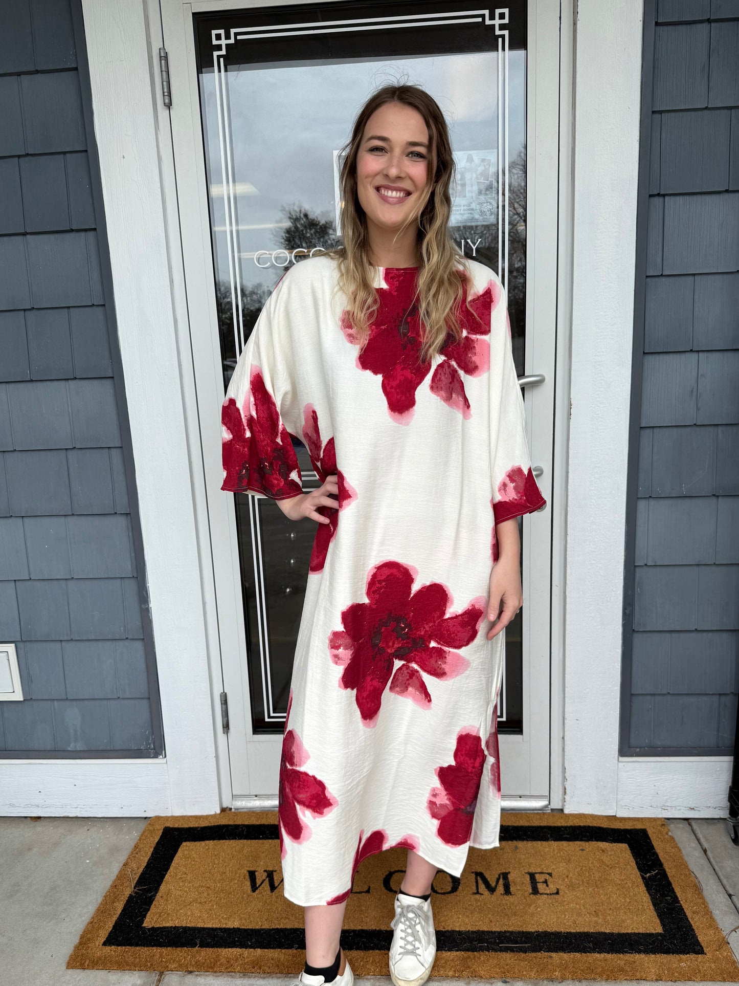 Red Flower Boat Neck Dress