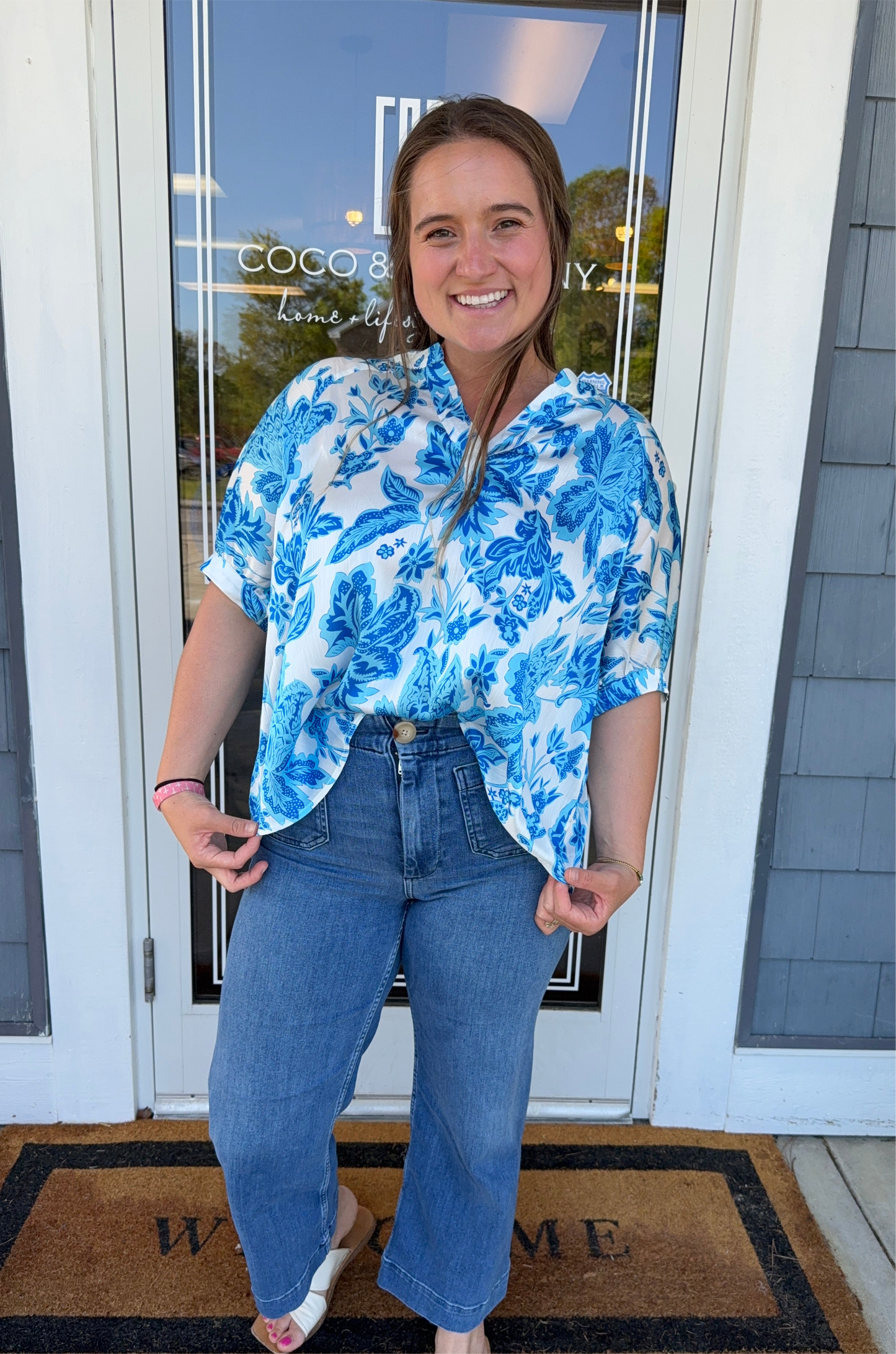 Blue Flower Print Dolman Sleeve Top