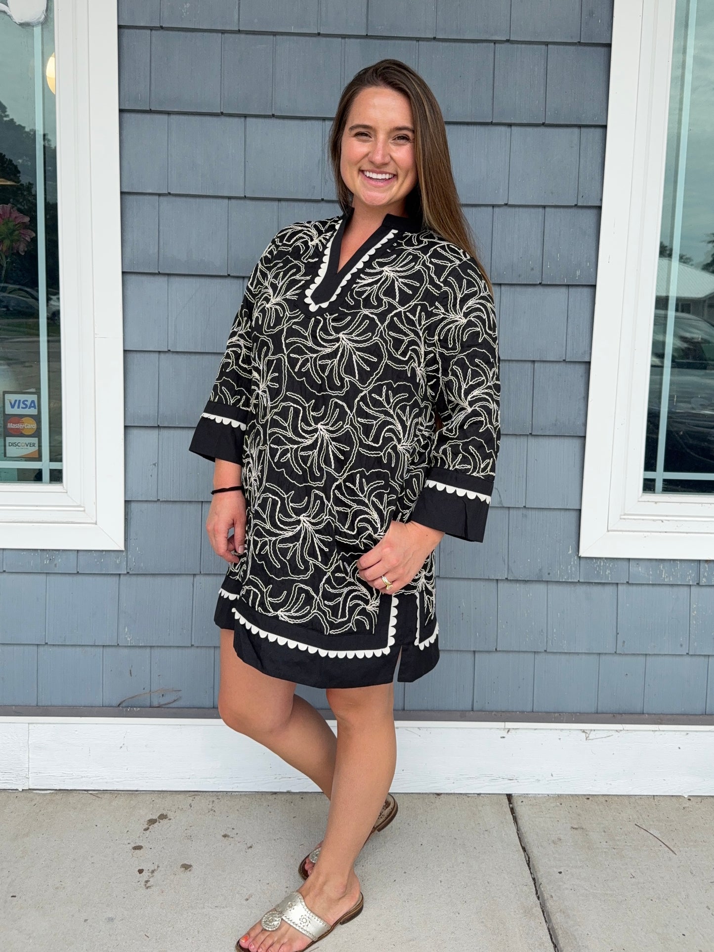 Black Embroidered Notch Neck Dress