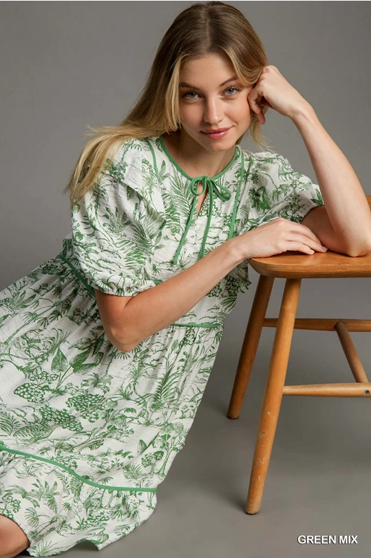 Green Floral V-Neck Dress