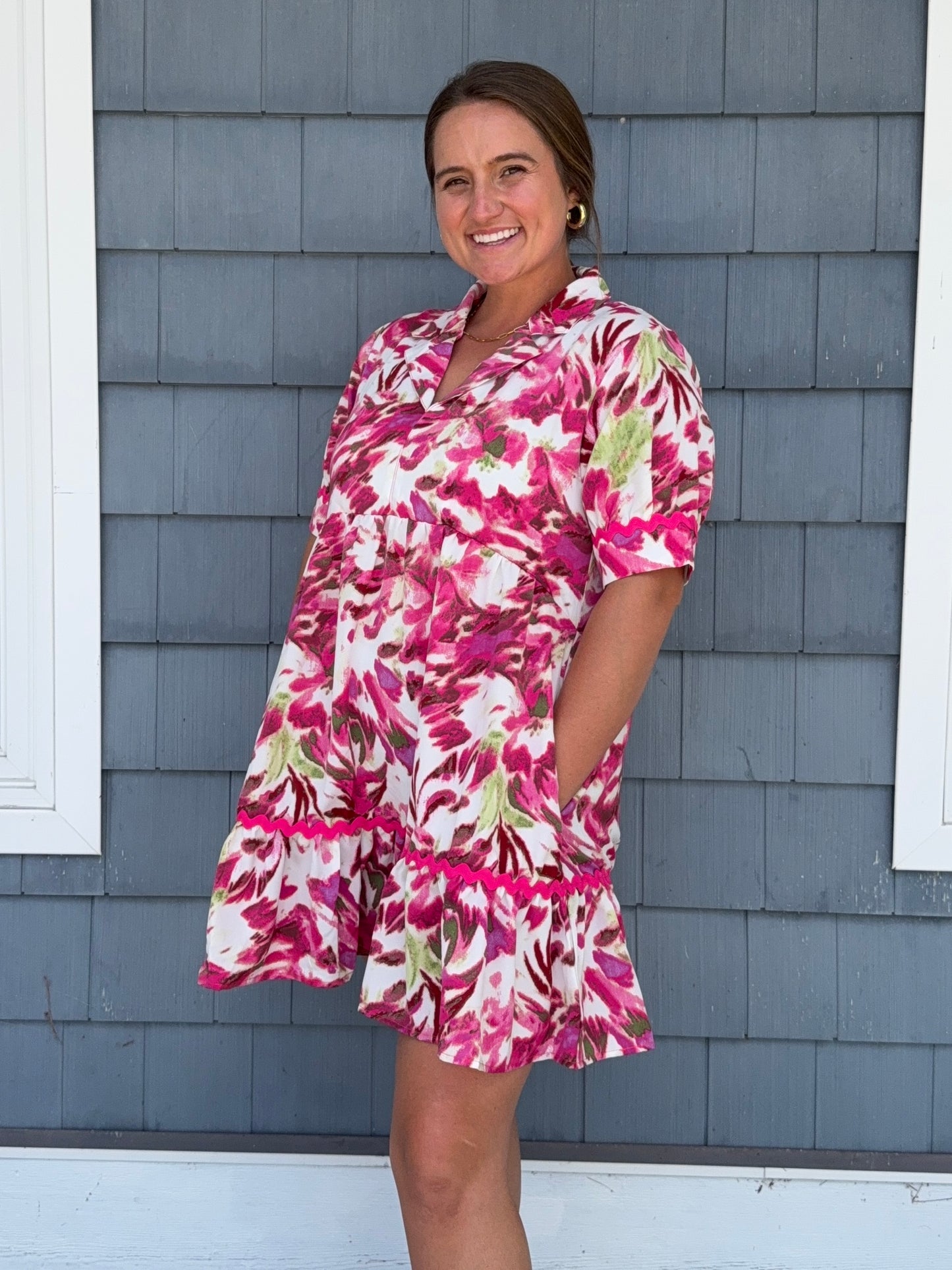 Fuchsia Floral Notched Collared Dress